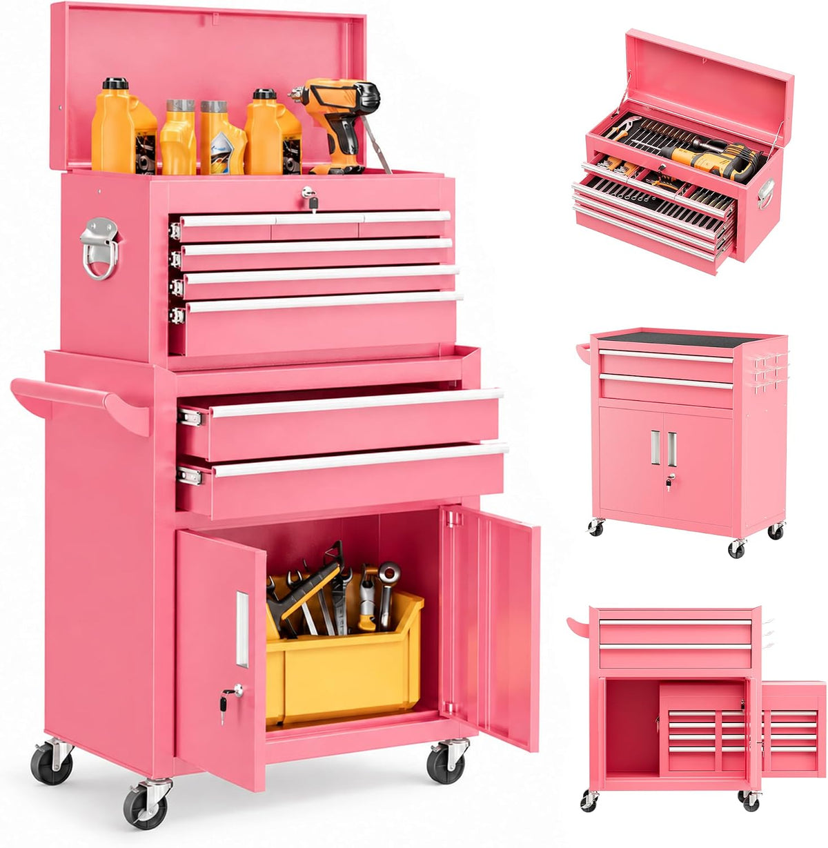 Bonusall Rolling Tool Chest with Wheels, 8 Drawer Metal Tool Cart with Portable Tool Box and Work Bench, Assembled Tool Chest with Drawer and Hooks for Garage, Workshop, Warehouse - Pink