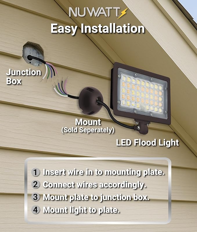 NUWATT 50W LED Flood Light, 3CCT 3000K/4000K/5000K Selectable, IP65 Waterproof