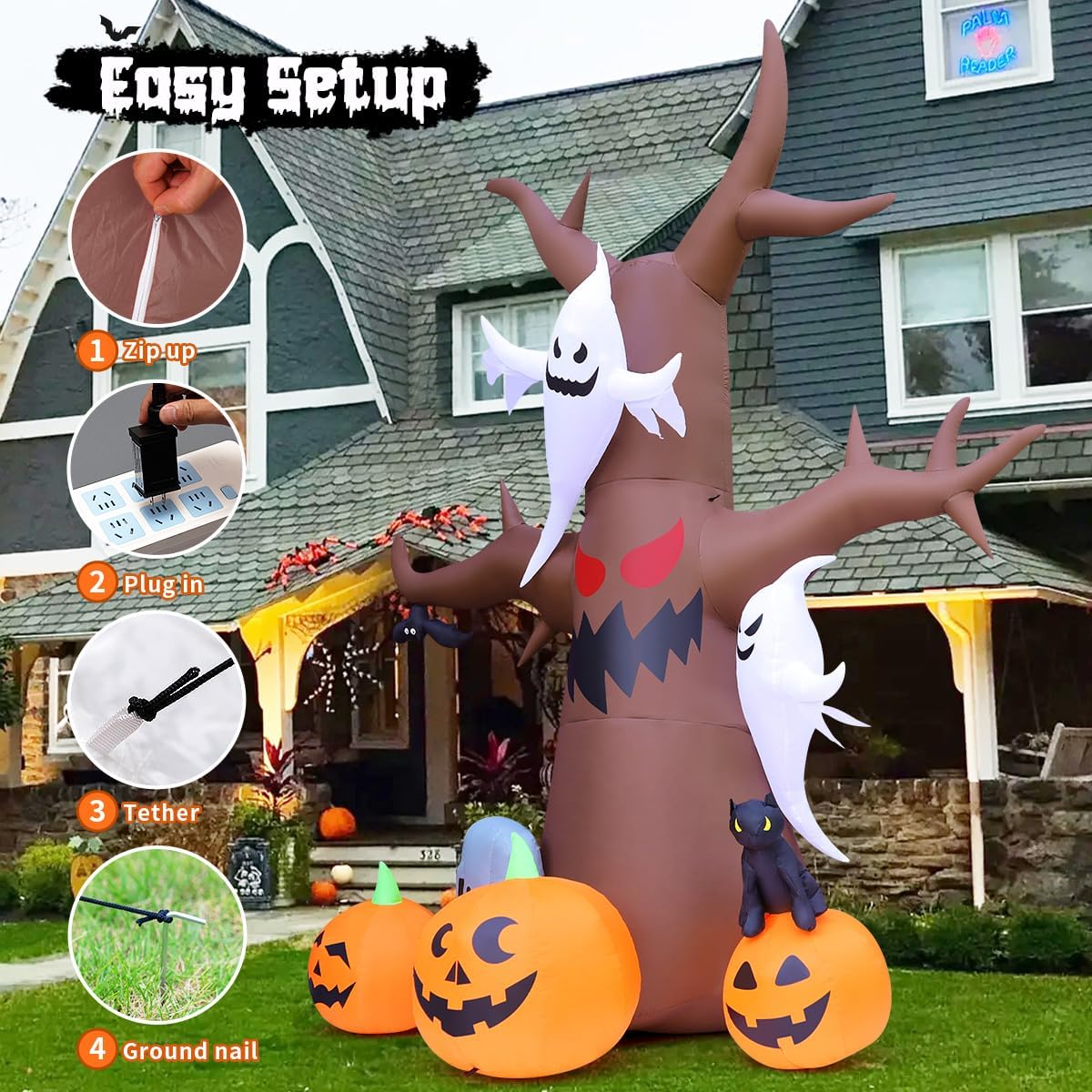 GOOSH 12 FT Halloween Inflatables Tree Outdoor Decorations Blow Up Yard Scary Dead Tree with Pumpkin Ghost Tombstone with Built-in LEDs for Garden Lawn Indoor Party Decor