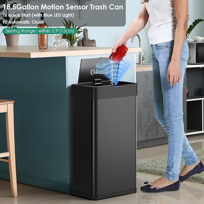 Arlopu Automatic Trash Can, Sensor Motion Stainless Steel Garbage Bin,