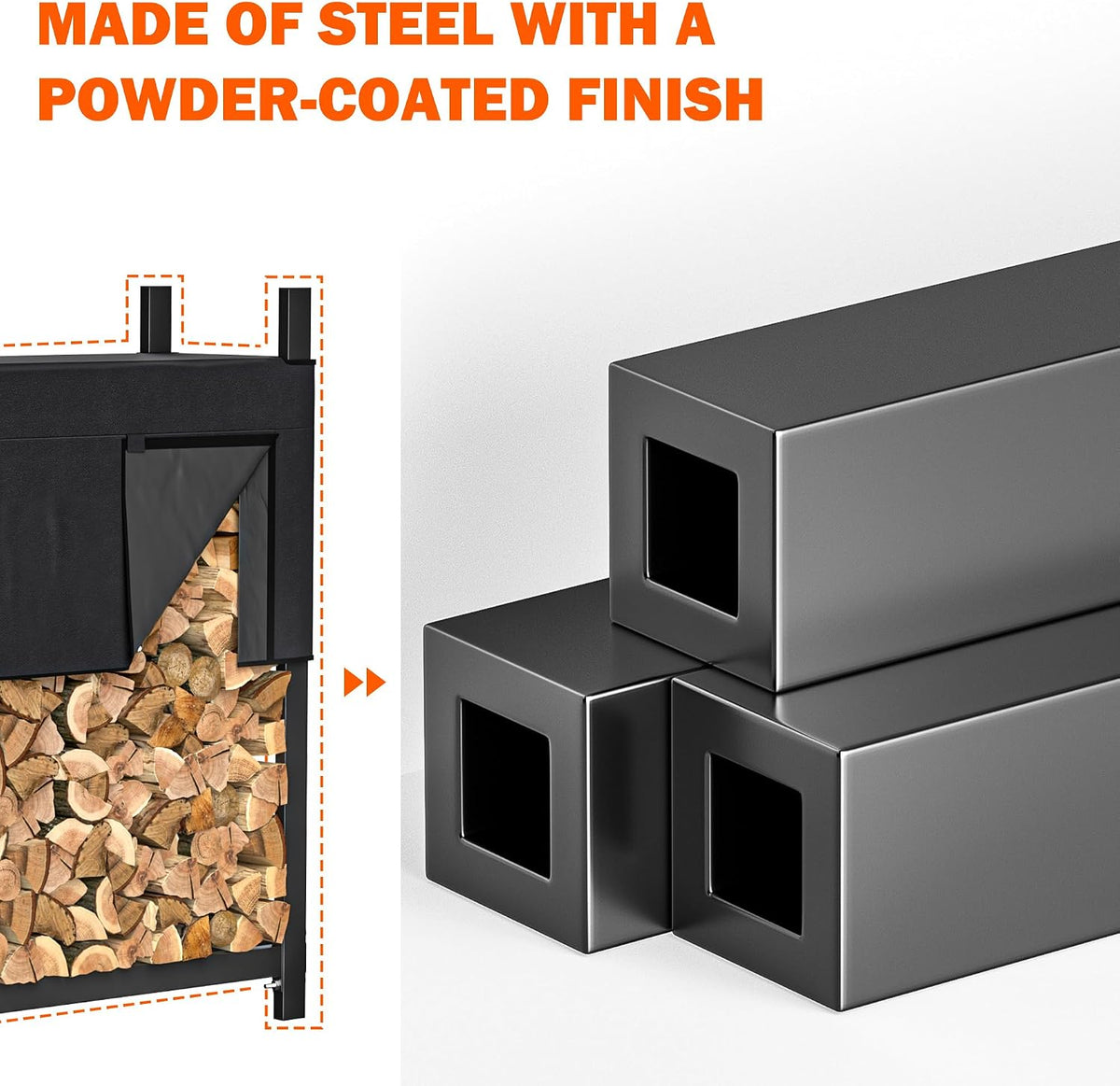 ultrawall firewood rack w/waterproof cover, freestanding wood log showing dimensions