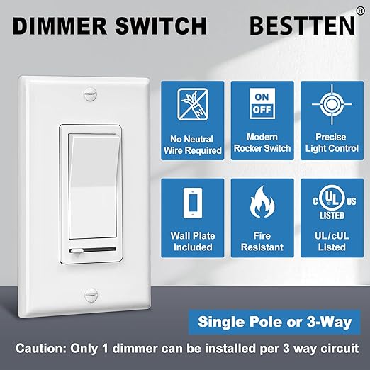 BESTTEN 10 Pack Dimmer Light Switch, Single-Pole or 3-Way Dimmer Switches