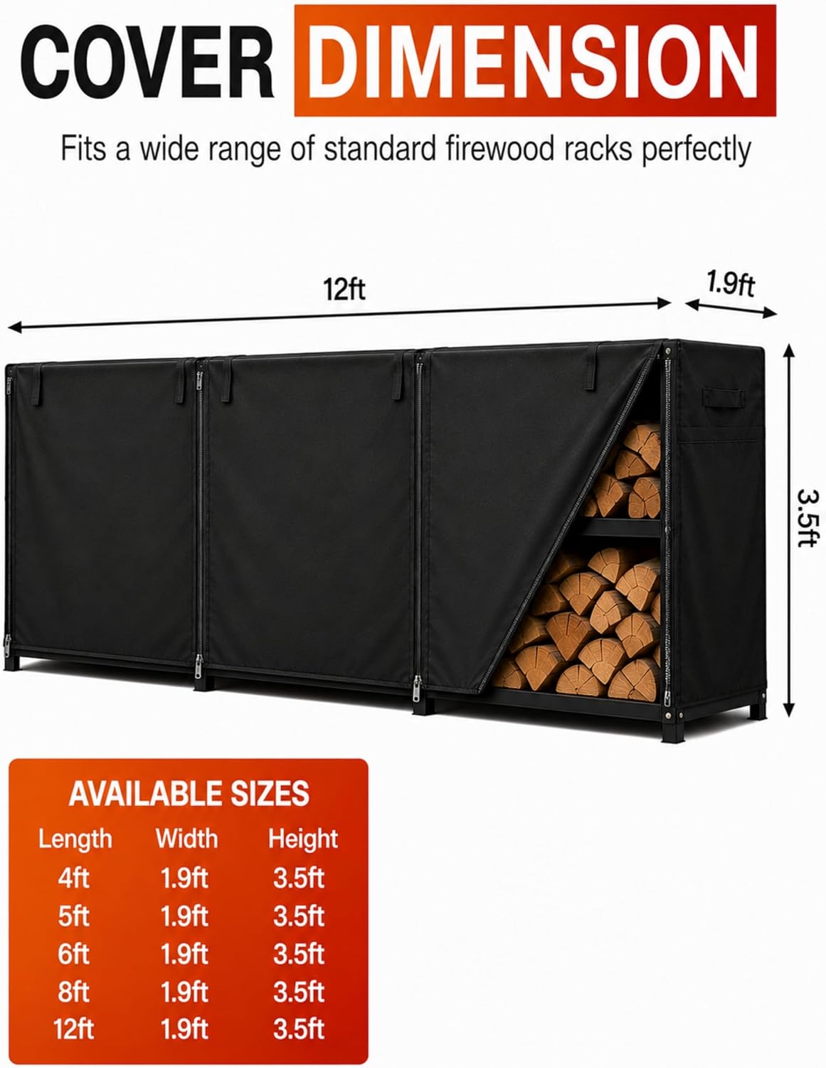 12ft waterproof firewood rack cover - heavy duty, side view
