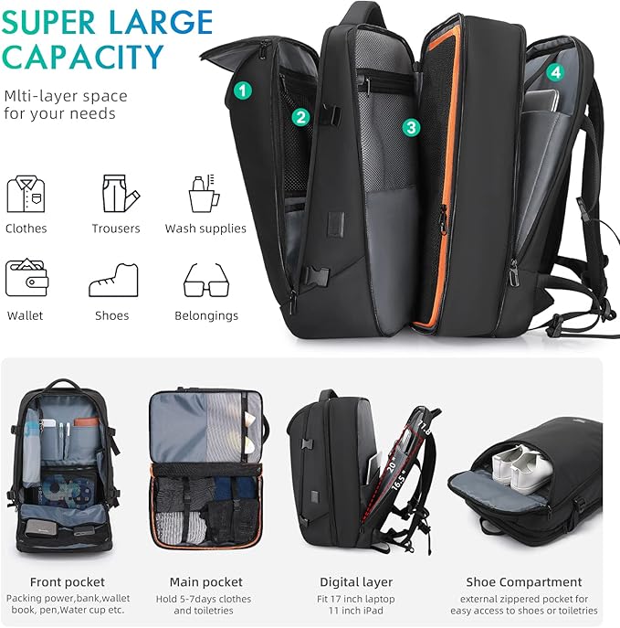 50L Carry on Travel Backpack, Expandable Airline Approved Backpacks
