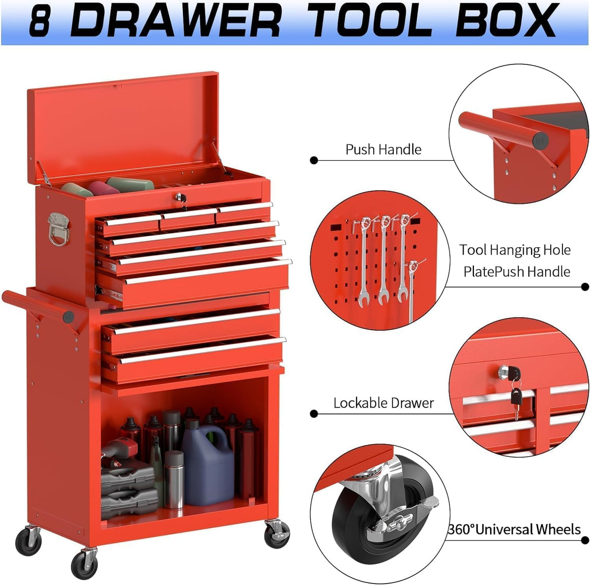8-drawer rolling tool chest tool box,removable tool storage, side view