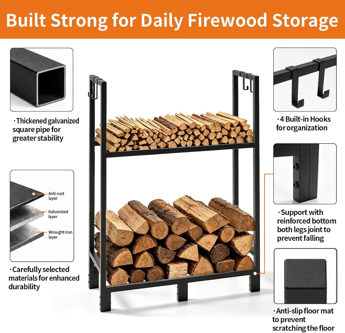 Firewood Rack Indoor Outdoor with Log Carrier, 2-Tier Heavy Duty Firewood Log Rack Holder with 4 PCS Fireplace Tools Hooks, Stable Log Holder Rustproof Metal Wood Rack for Fireplace Patio Deck