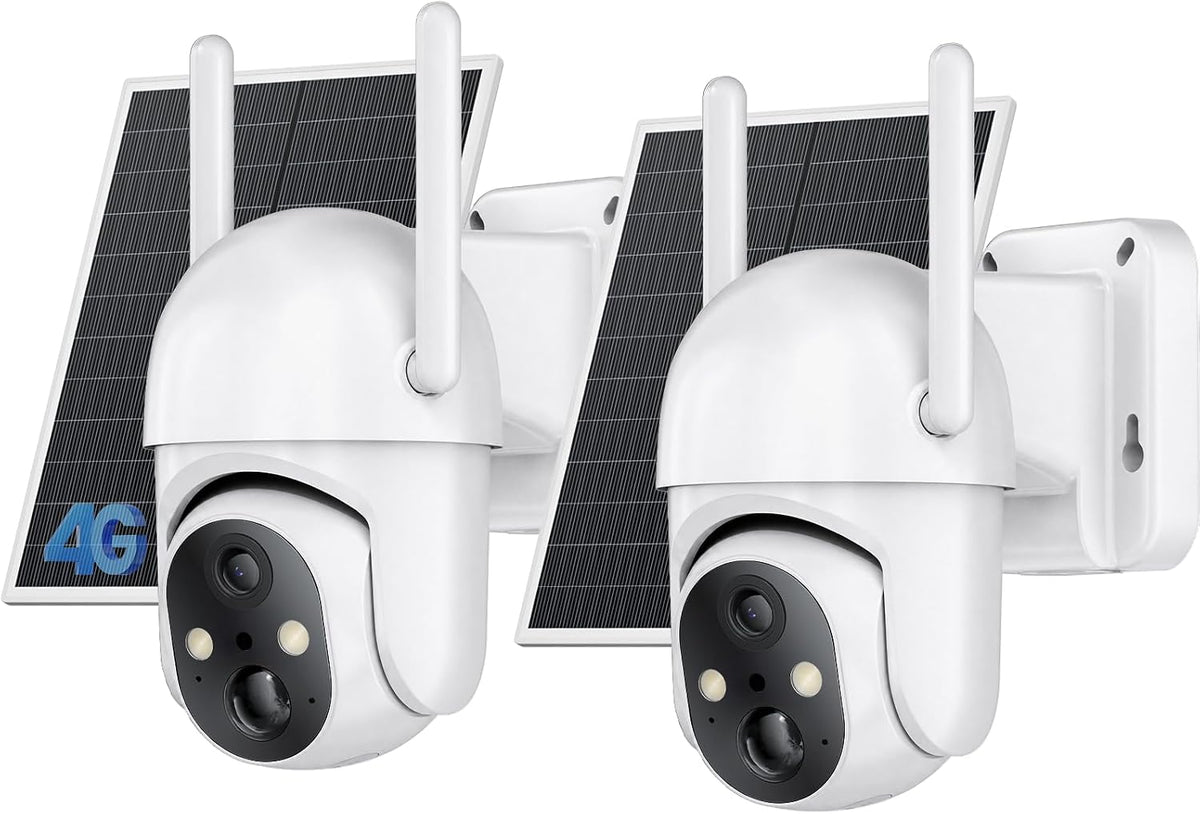 SEHMUA 2 Pack 4G LTE Cellular Solar Security Camera Wireless Outdoor, No Wi-Fi Solar Powered Camera, 360° Live View, 2K Color Night Vision, PIR Motion Sensor, Two-Way Talk, Built-in SIM Card, White