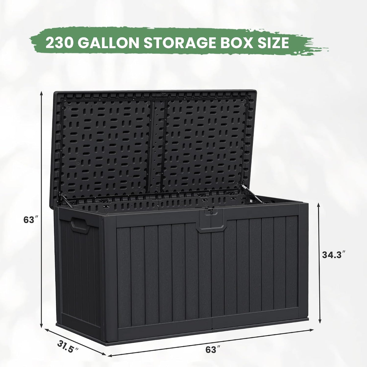 greesum 230 gallon hdpe outdoor storage box with on a desk or shelf