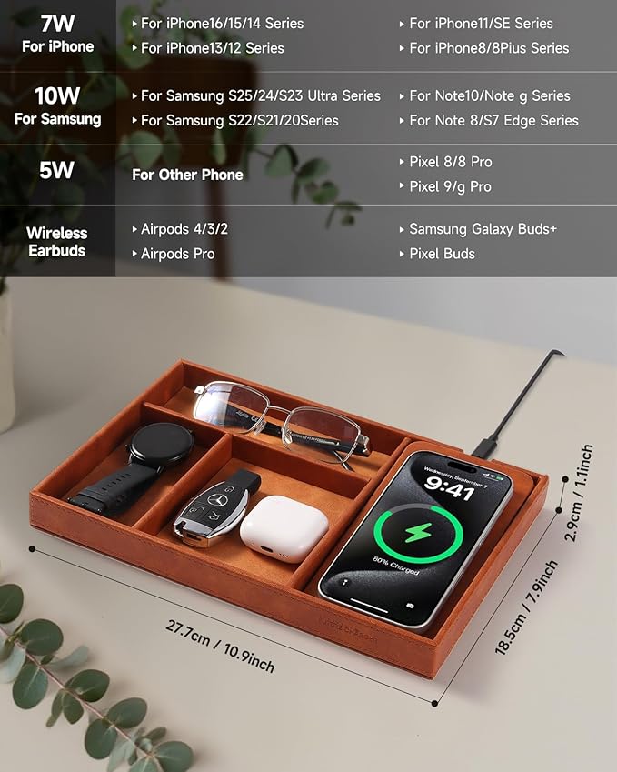 Valet Tray, Built in Wireless Charging Pad, Nightstand Organizer, Two-Toned