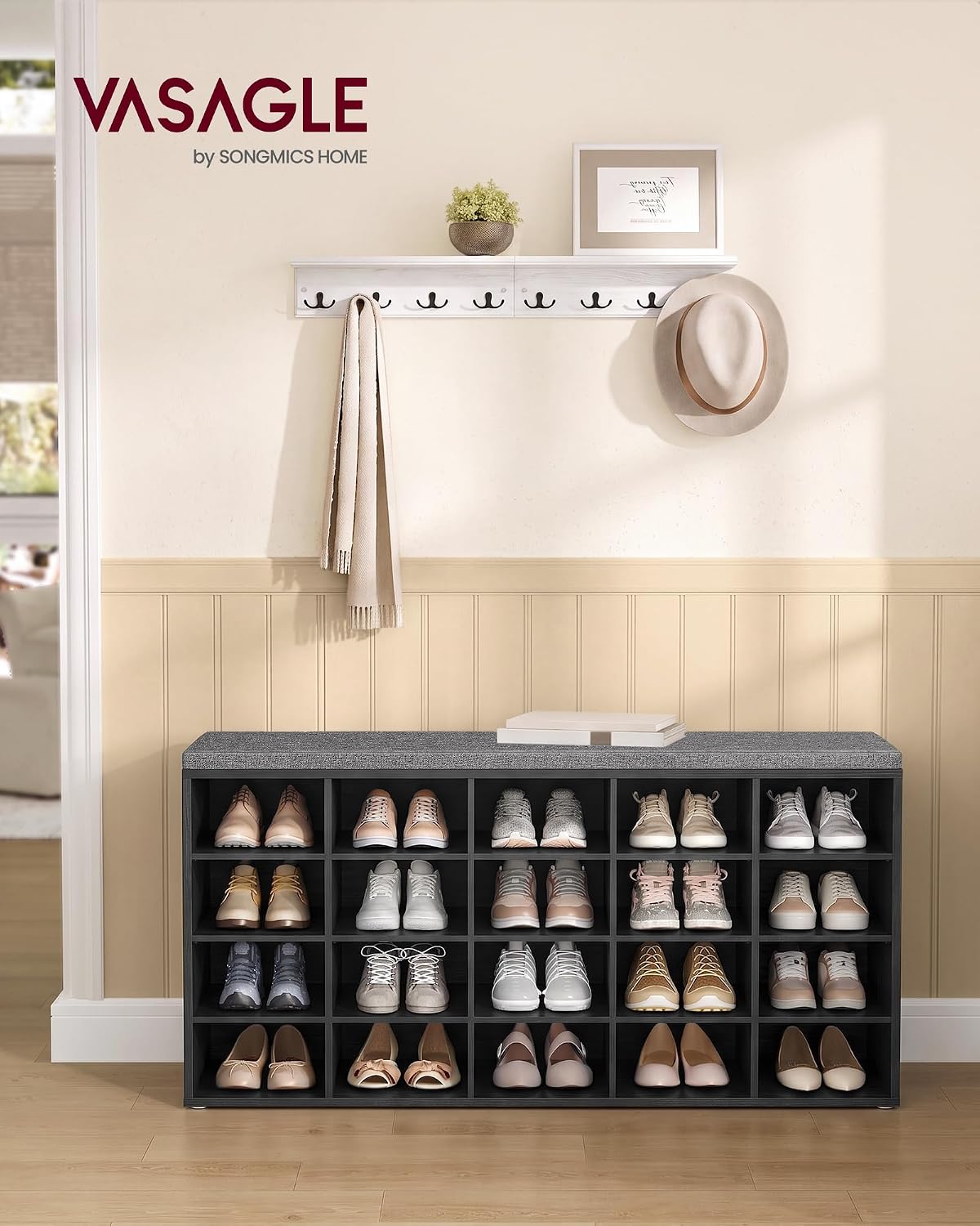 vasagle shoe bench with cushion, 20 compartments, 12 shown in use
