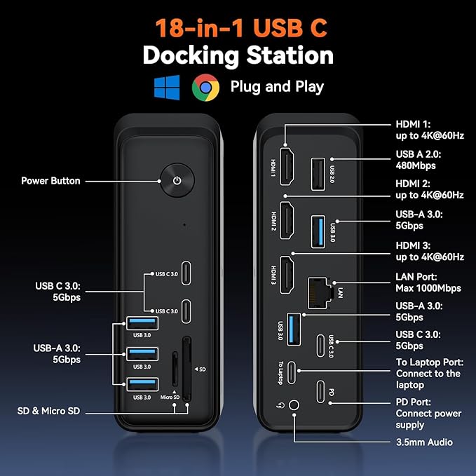 TobenONE 18 in 1 Laptop Docking Station 3 Monitors, Triple 4K Display