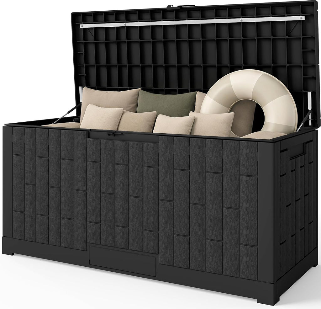 Outdoor Storage Box, 120 Gallon Waterproof Resin Patio Deck Box (Black)