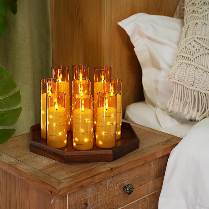 Raycare Flameless Candle with Remote Timer – 9 Flickering Acrylic Battery Operated LED Pillar Candles with Embedded Star String for Halloween, Home Decor, and as a Gift(Glod) (9 Pcs)