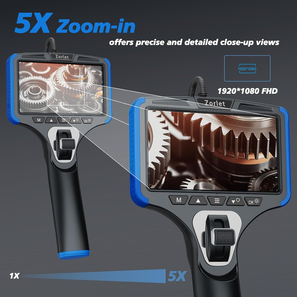 2-way articulating borescope, 0.25in/6.3mm probe, 5" screen, 5ft, package contents