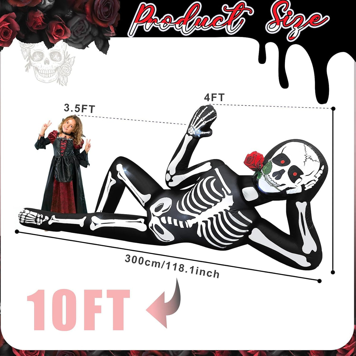10FT Halloween Inflatable Outdoor Decoration, Lying Giant Skeleton with LED