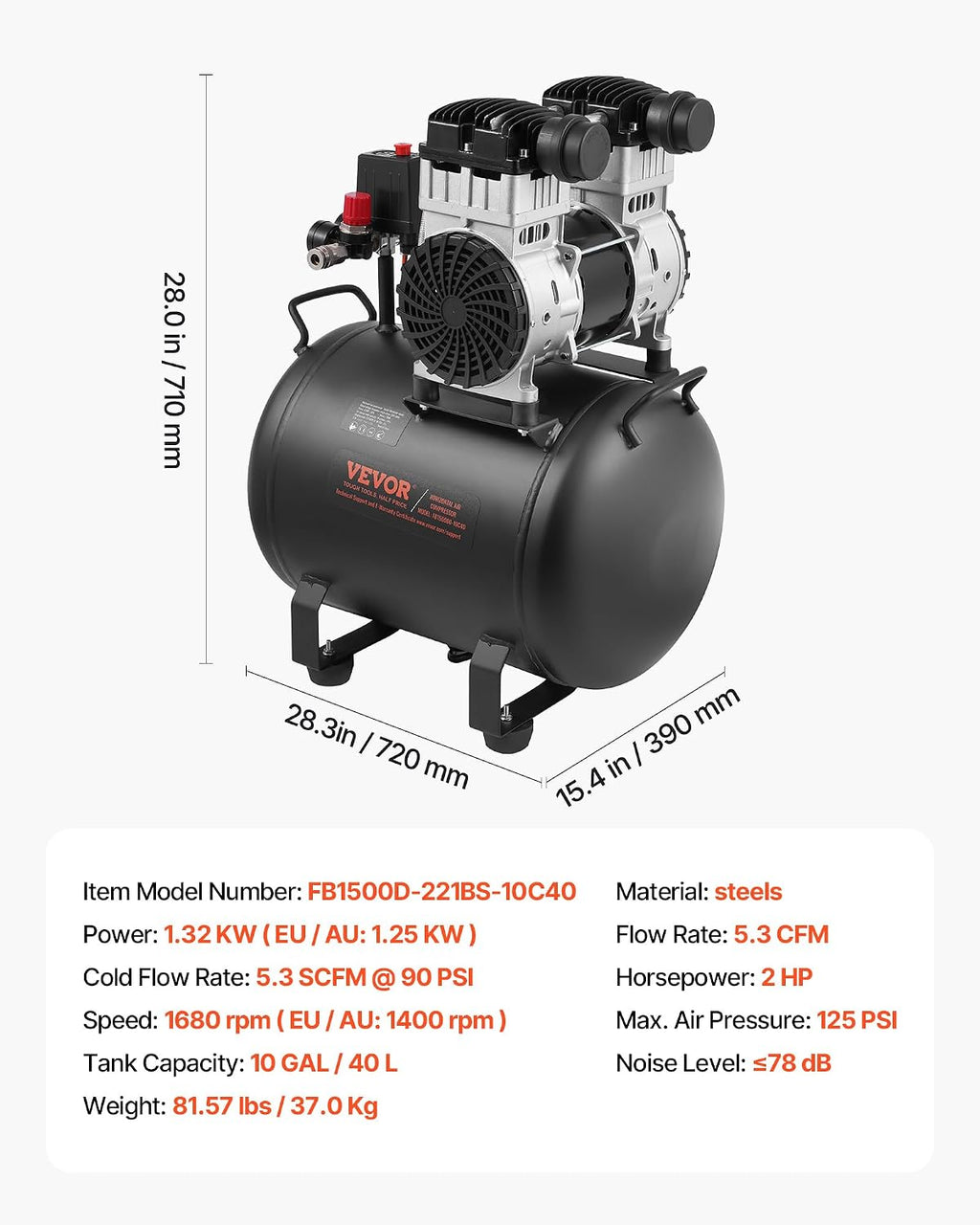 VEVOR Air Compressor, 10 Gallon Steel Tank, 2HP 5.3 CFM@90 PSI Oil Free Air Compressor & Max. 125PSI Pressure, 78dB Ultra Quiet Portable Compressor, for Auto Repair, Tire Inflation, Spray Painting