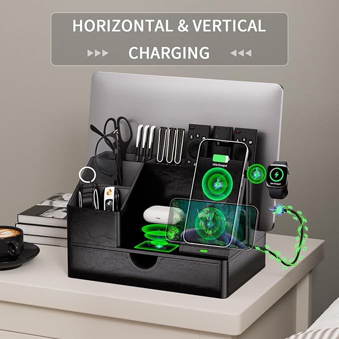 Black PU Leather Multi-Device Charging Station