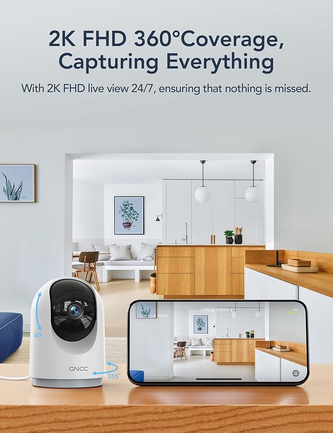 GNCC 2K Cameras for Home Security-Indoor Pan/Tilt Cameras for Baby Monitor/Pet