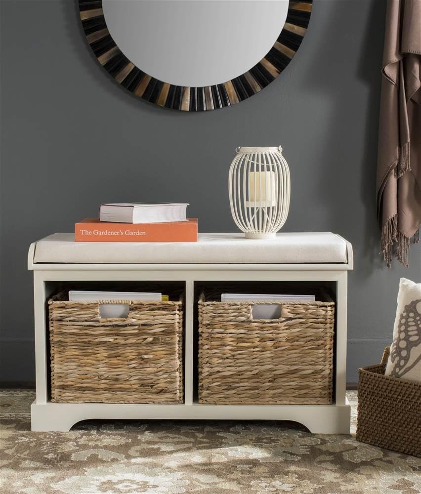 safavieh freddy wood storage bench, 33" farmhouse vintage shown in use