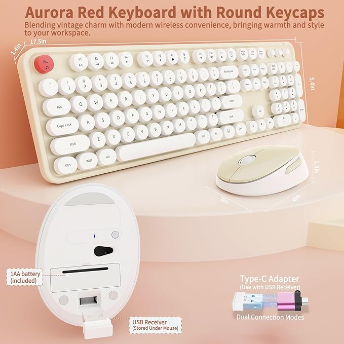 HotFox Wireless Keyboard and Mouse Combo, Full-Size Retro Typewriter Keyboard