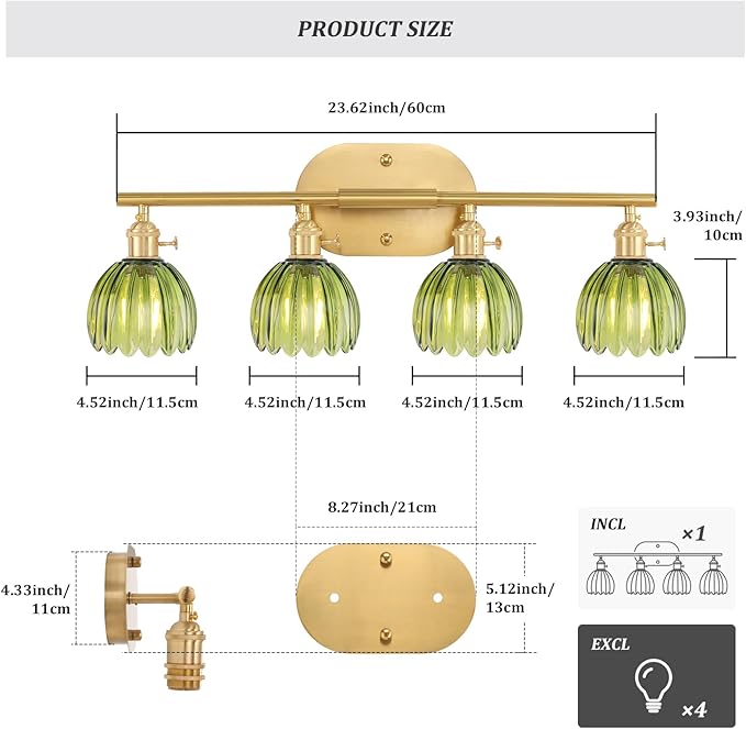 Shenmoyl Bathroom Light Fixtures, 4-Light Brass Vanity Wall Light Over Mirror