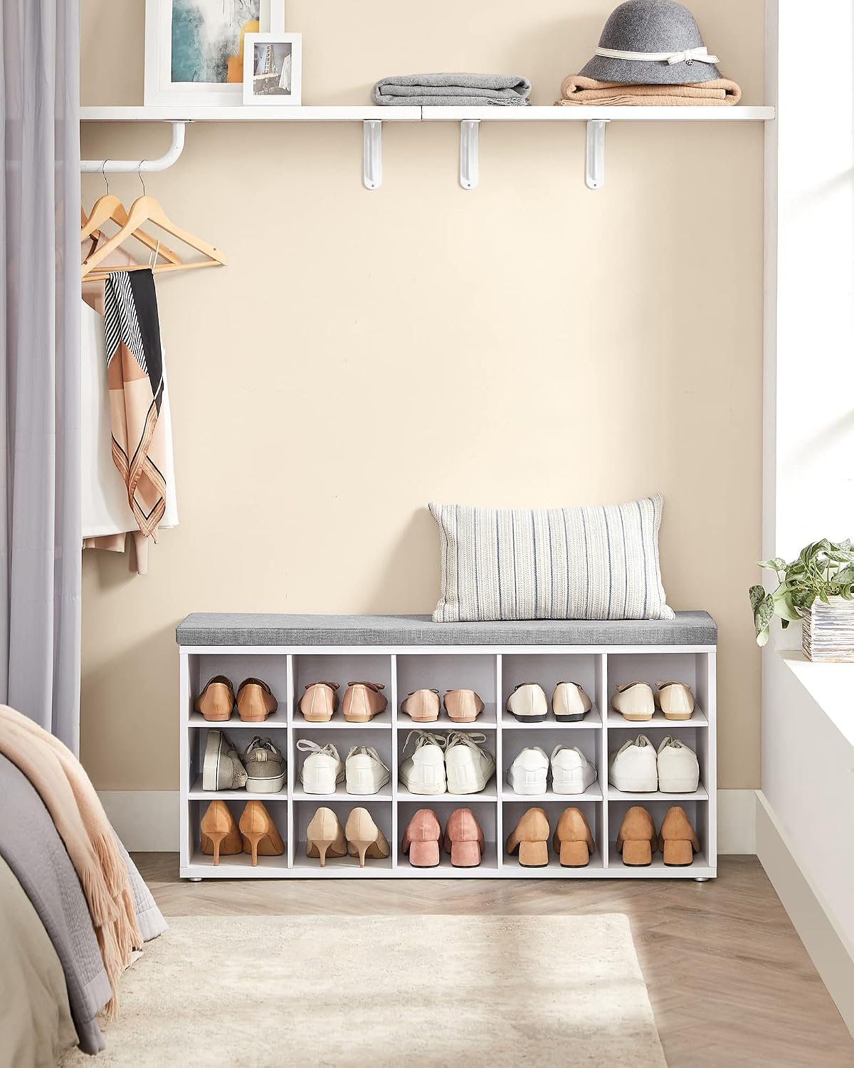 vasagle shoe bench with cushion, 15 compartments, 11.8, side view