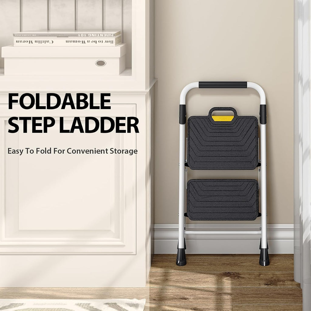 TOOLF 2 Step Ladder, Folding Portable Ladder with Anti-Slip Pedals, White
