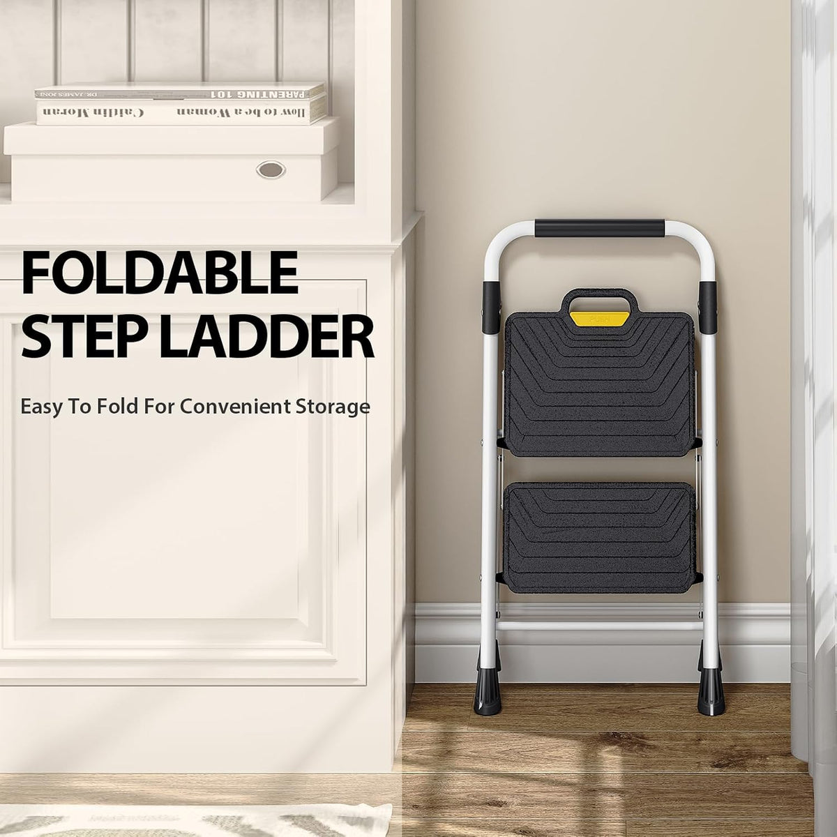 TOOLF 2 Step Ladder, Folding Portable Ladder with Anti-Slip Pedals, White