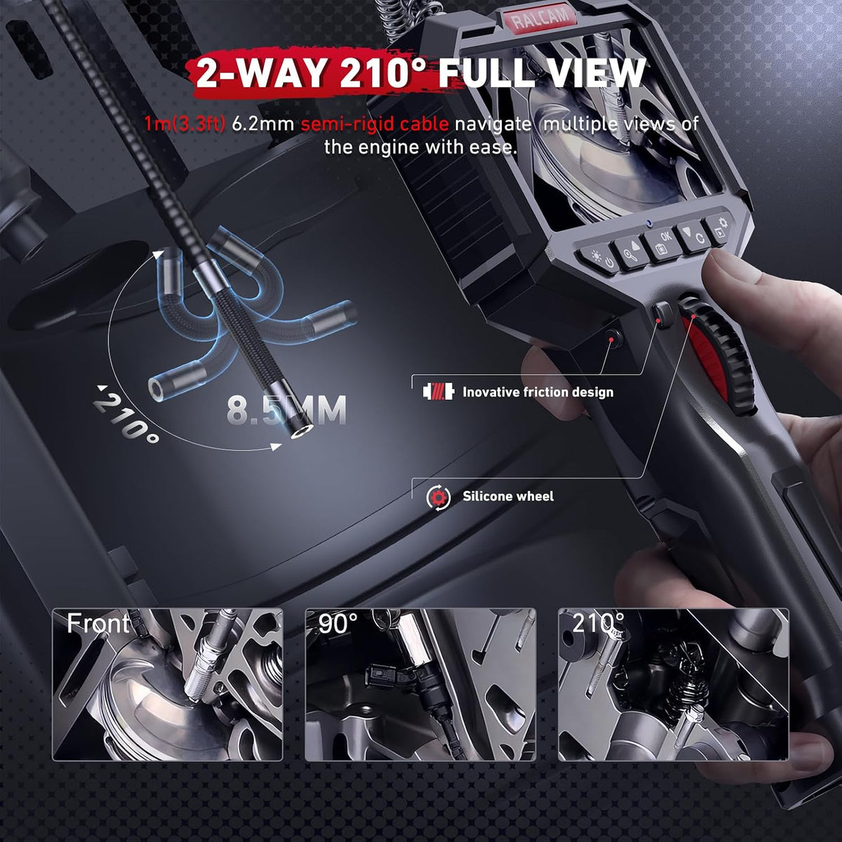 ralcam two-way articulating borescope with light, slim probe shown in use