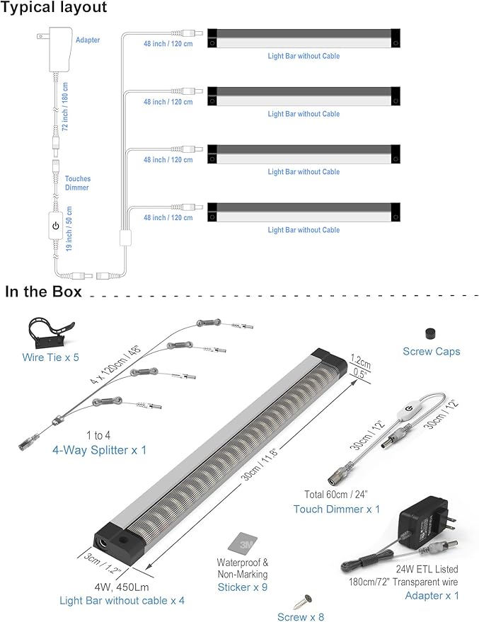 EBD LED Display Cabinet Lighting 4-Way 1.2m / 48" Splitter Parallel Connection