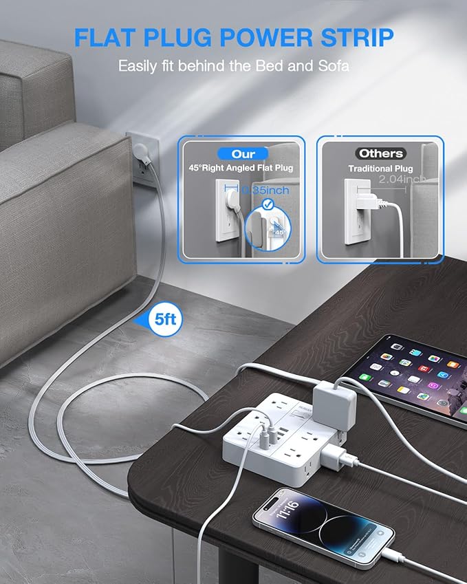 Extension Cord 25 Ft, HUNIAN Flat Plug Power Strip Surge Protector, 12 Widely