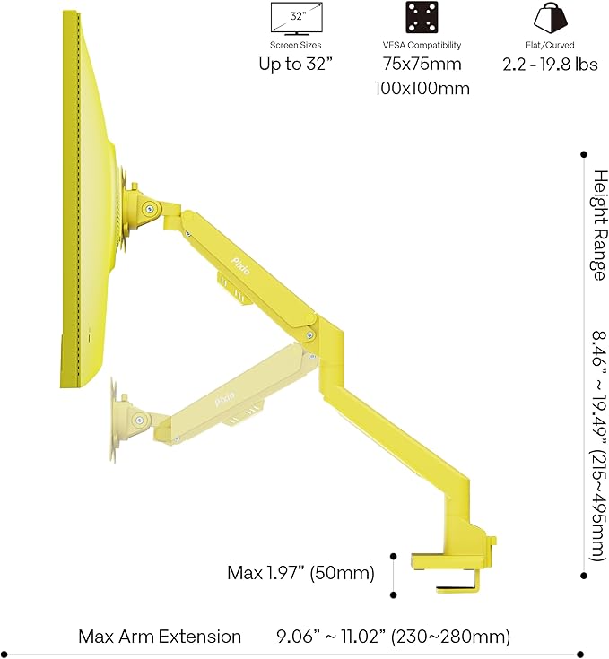 Pixio PS1S Wave Yellow Single Monitor Arm Stand Desk Mount