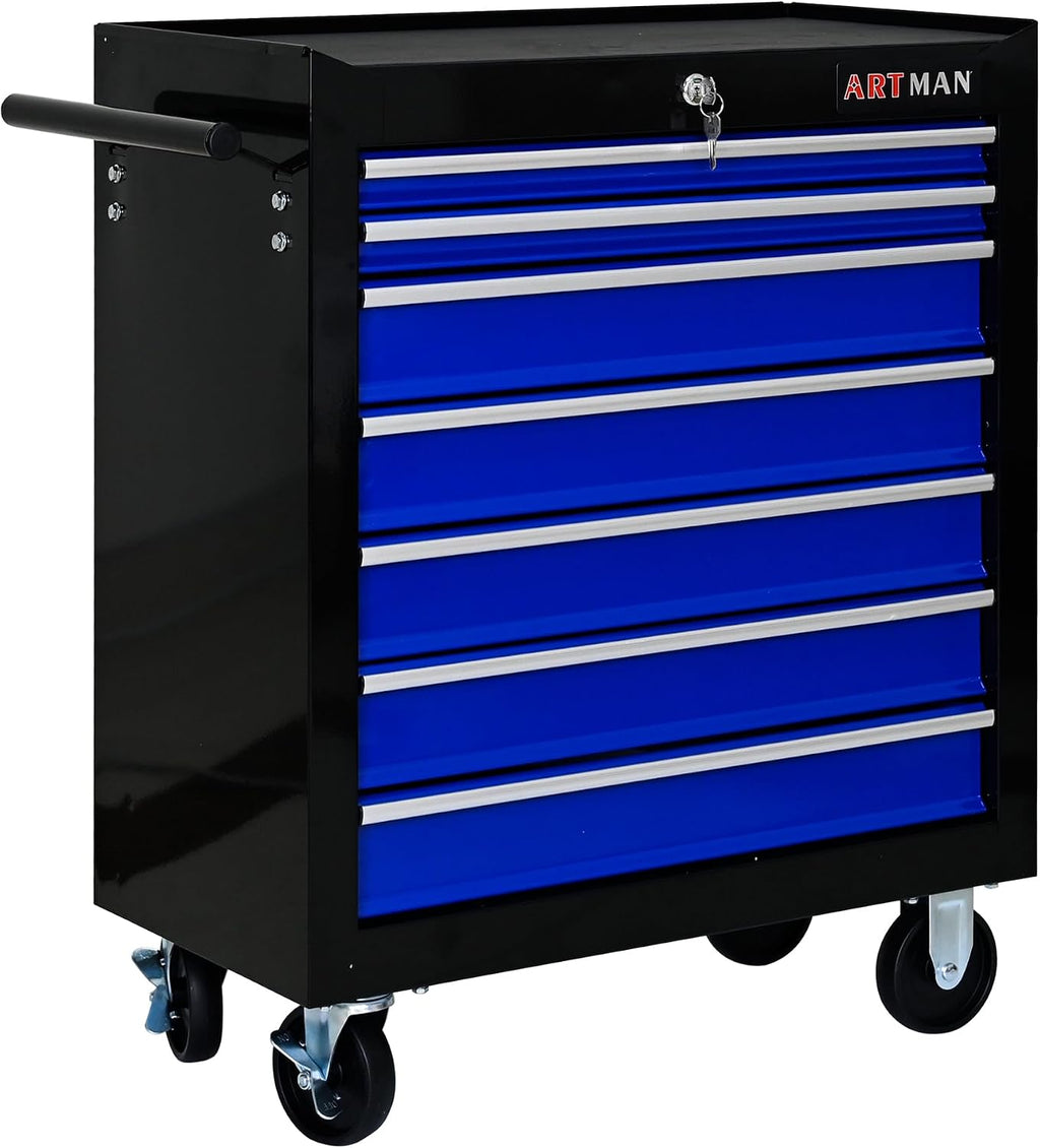 7 Drawers Rolling Tool Chest on Wheels, Multifunctional Tool Cart Tool Storage, Drawers Rolling Tool Trolley Organizer Tool Case for Garage,Warehouse,Workshop,Repair Shop (7 Drawers-Black&Blue)