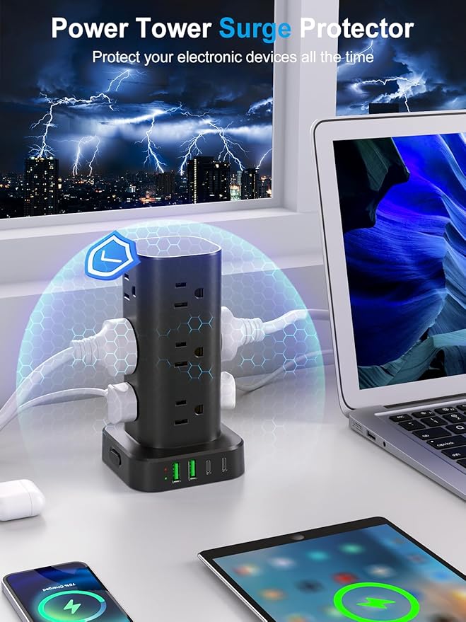 Power Strip with Wireless Charger, Flat Plug Surge Protector with 6FT Extension