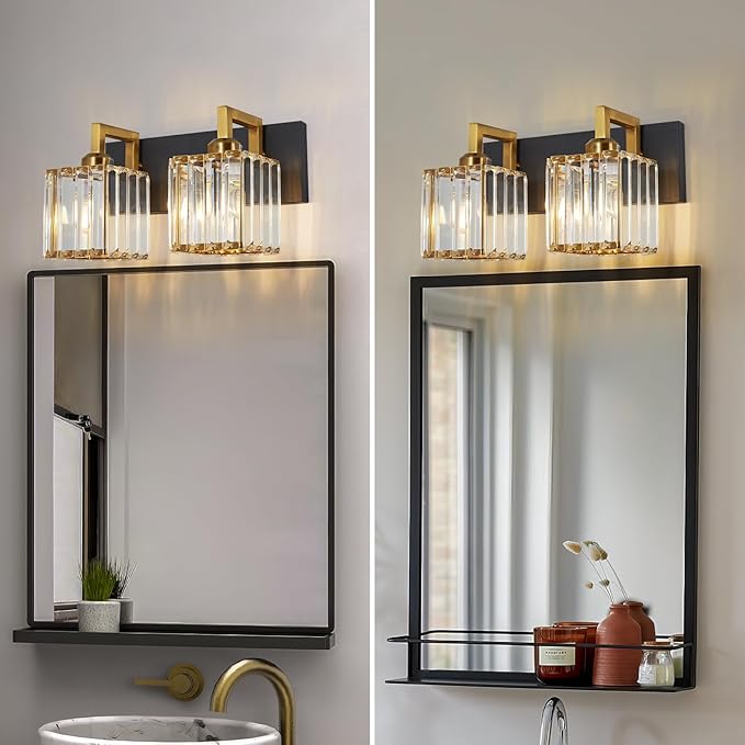 FDPBY Modern Bathroom Vanity Light 2-Lights Black Gold Crystal Wall Lamp