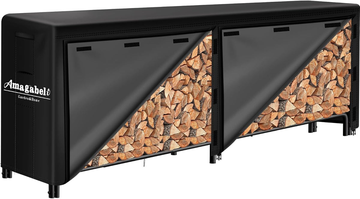Amagabeli 8ft Firewood Log Rack with Cover Outdoor Heavy Duty Firewood Rack With Weather Resistant 600D Oxford Fabric Cover Indoor Outdoor Wood Racks for Fire Wood Holder