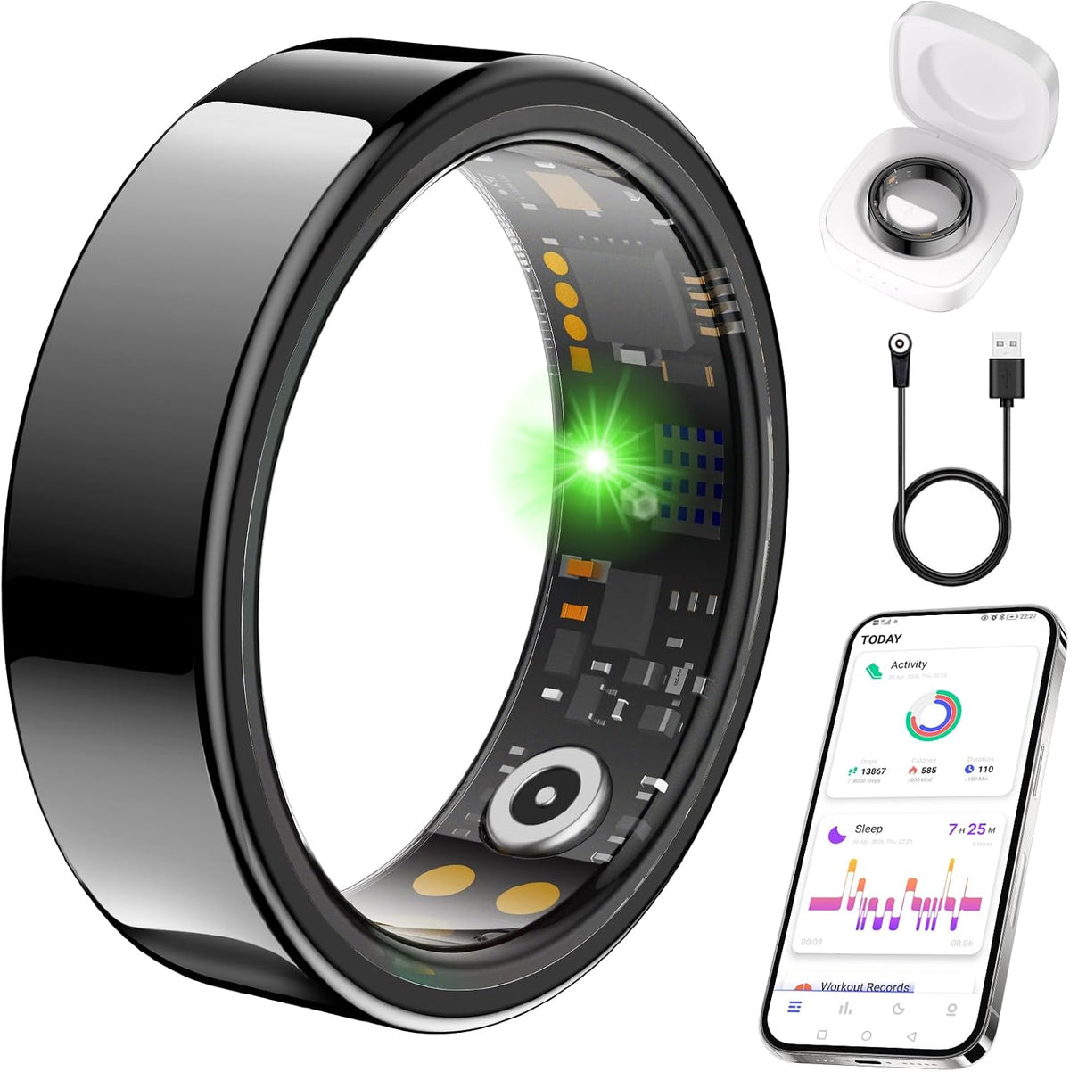 Smart Ring for Women Men, Health Tracker, Fitness Ring (Black, 8#)