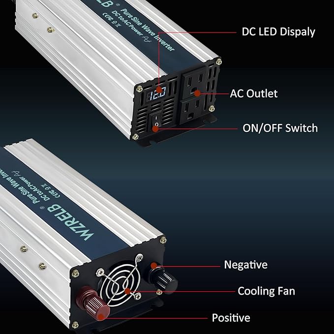 WZRELB 1000W Pure Sine Wave Inverter 12V DC to 110V 120V AC Power Converter