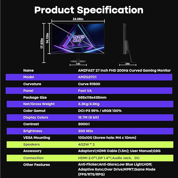 Amzfast 27 inch 200Hz Curved Gaming Monitor, FHD 1080P Computer Monitor