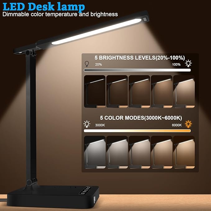 Smart Desk Lamp with 4-in-1 Charging Station, 5 Color temperatures and 5