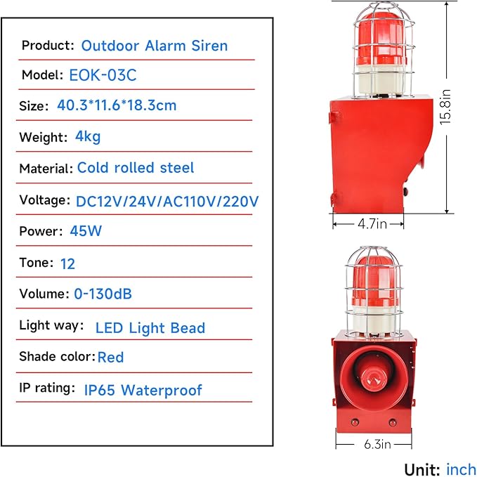 EOKHEOY Alarm Siren Waterproof Indoor/Outdoor Security Emergency Adjustable