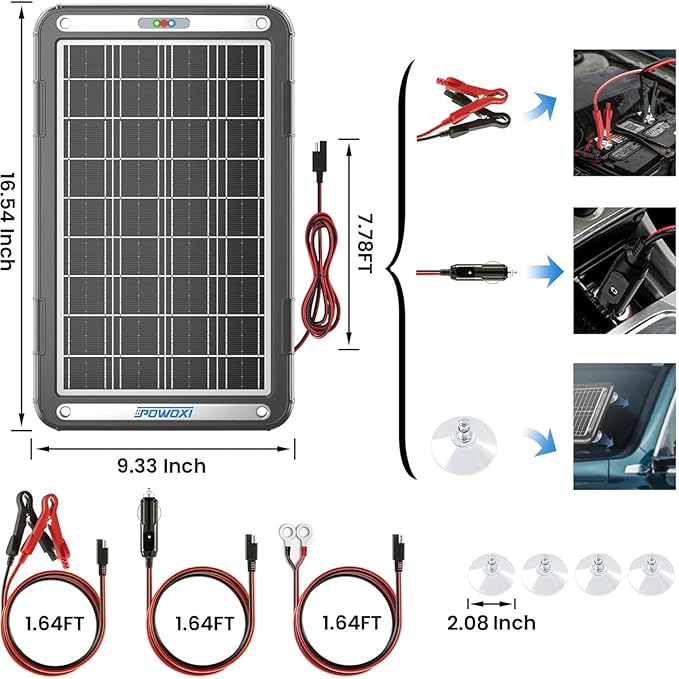 POWOXI 12V Solar Car Battery Charger: 15W Solar Trickle Charger Maintainer