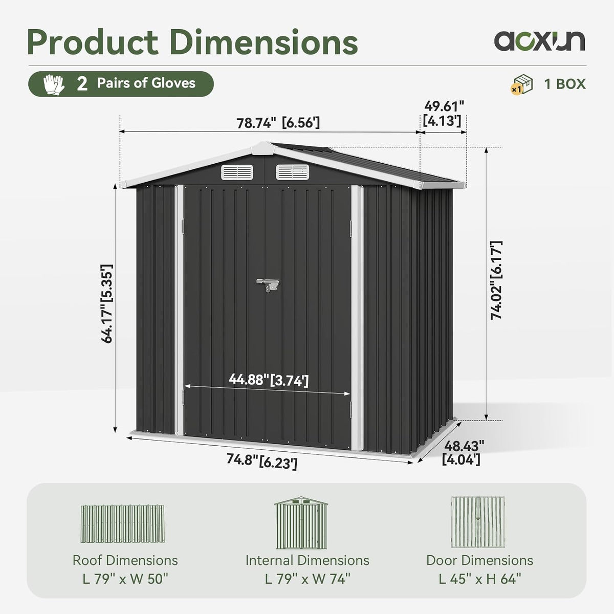 aoxun 6'x4' outdoor storage shed with base, black shown in use