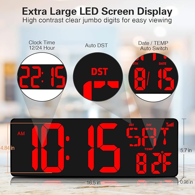 XREXS Large Digital Wall Clock WiFi Sync, 16.5 in Large Display Wall Clock