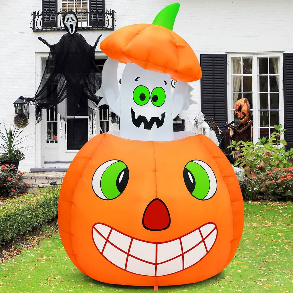 COMIN 5 FT Halloween Inflatables Animated Pumpkin Ghost Outdoor Decorations Blow Up Yard with Built-in LEDs for Indoor Party Garden Lawn Decor