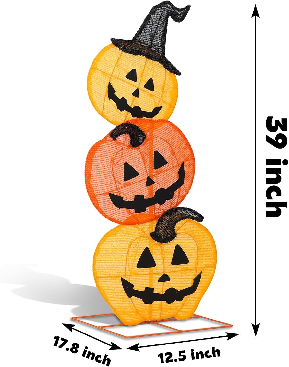 Halloween Lighted 3 Stacked Pumpkins, 39’’ H Pre-Lit Lighted Pumpkins with 50 Warm White Lights, Light Up Halloween Pumpkin Decoration for Indoor, Outdoor, Porch, Yard, Holiday Decor
