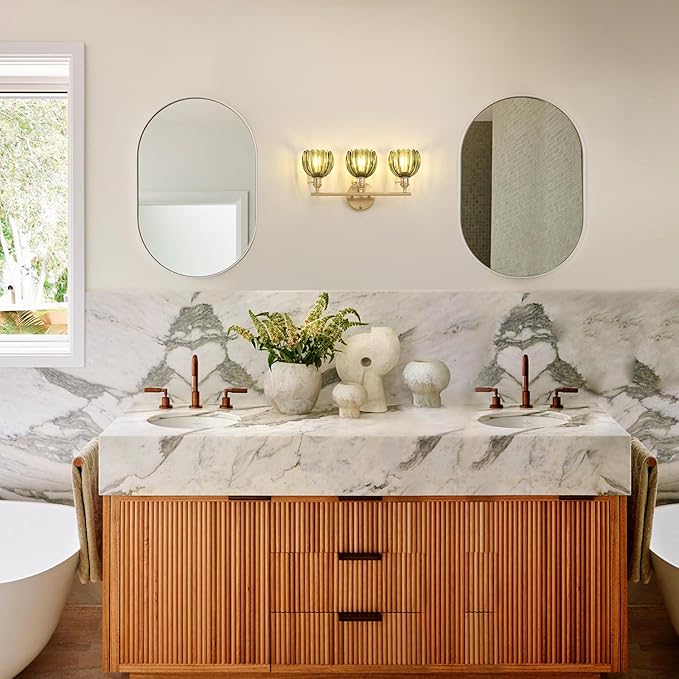 Shenmoyl Bathroom Light Fixtures, 3-Light Brass Vanity Wall Light Over Mirror