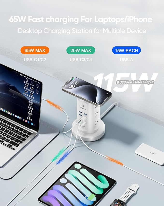 Kakyanill 115W USB Charging Station, Surge Protector Power Strip Tower