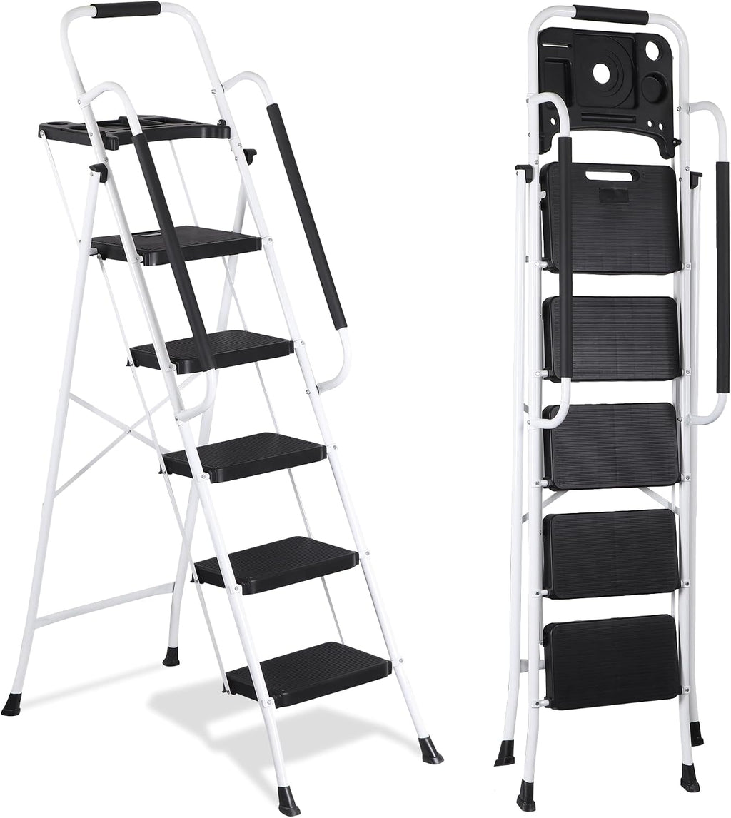 ZENY 5 Step Ladder, Step Stool Foldable with Anti-Slip Pedal & Comfortable Handrail, Sturdy Steel Ladder, Protable Heavy Duty Step Stool for Kitchen, Garage & Outdoor Use (White)