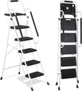ZENY 5 Step Ladder, Step Stool Foldable with Anti-Slip Pedal & Comfortable Handrail, Sturdy Steel Ladder, Protable Heavy Duty Step Stool for Kitchen, Garage & Outdoor Use (White)